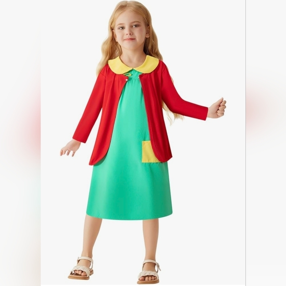 Auggle Girls Green Dress Red Cardigan 11-12 Halloween Cosplay Costume Medium